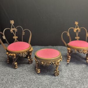 Gold Metal Accent Chairs and Stool with Pink Cushions - Home Accents